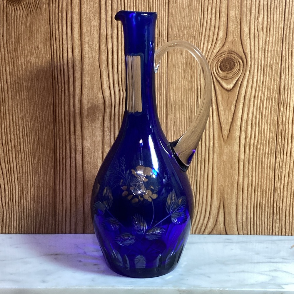 Vintage Polish Cobalt Blue Cut to Clear Cruet Style Decanter No Stopper